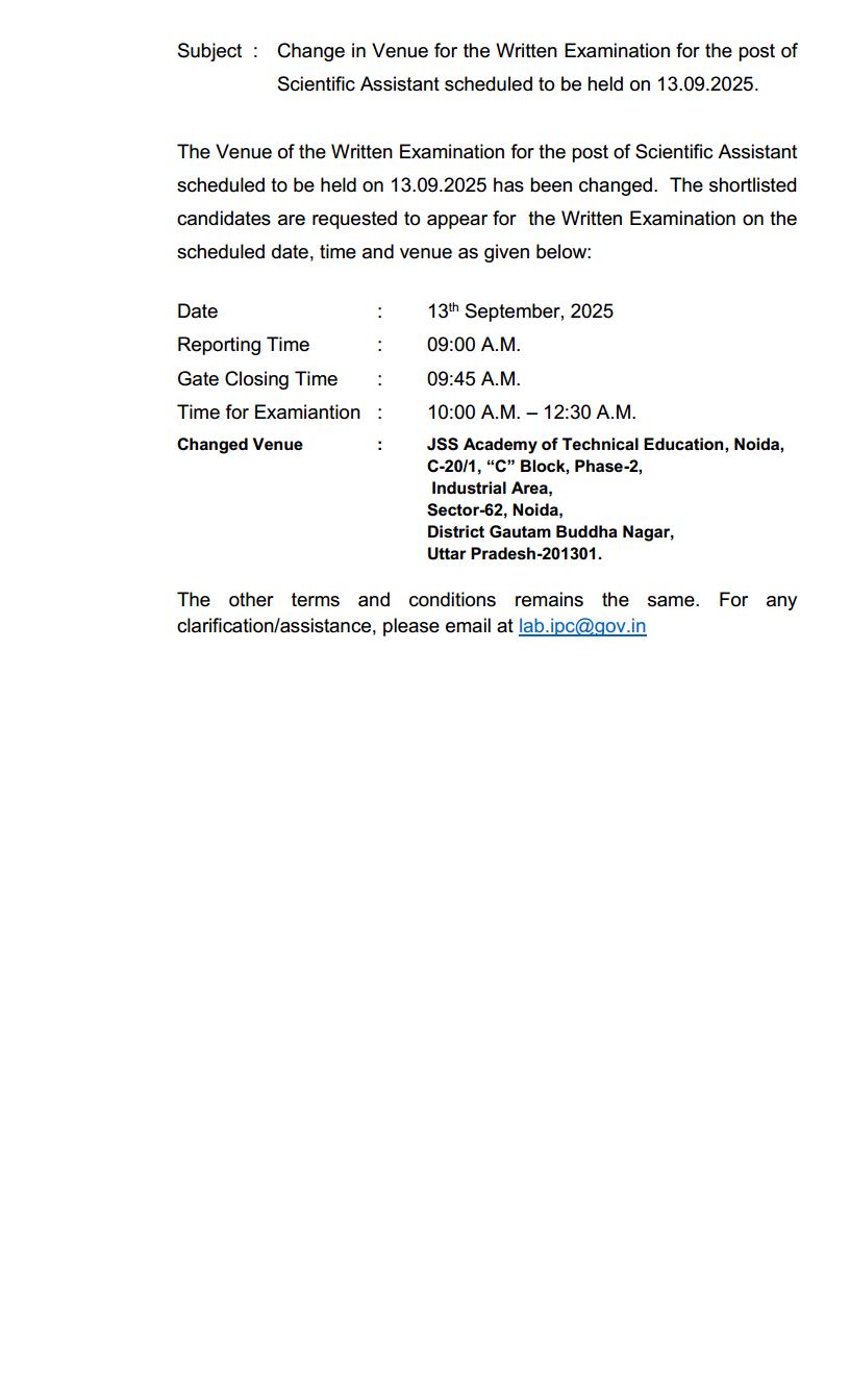 Change in Venue for the Written Examination for the post of Scientific Assistantjpg_Page1.jpg